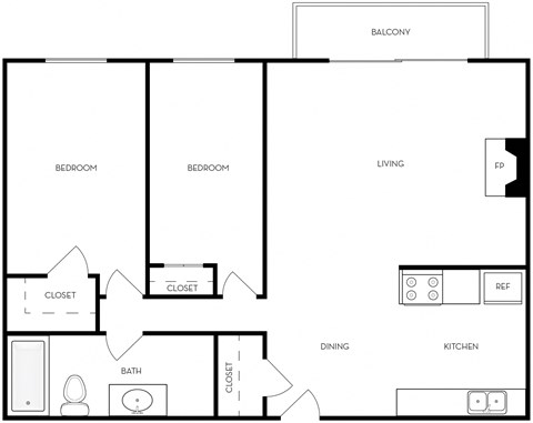 Floor plan for 2 beds, 1 bath, 950 sqft